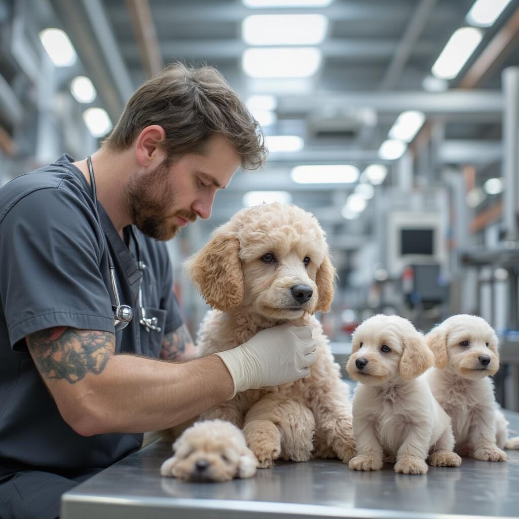 Bác sĩ thú y khám cho Poodle: Bác sĩ thú y đang kiểm tra sức khỏe cho chó Poodle mẹ và đàn con, đảm bảo sự chăm sóc chuyên nghiệp.