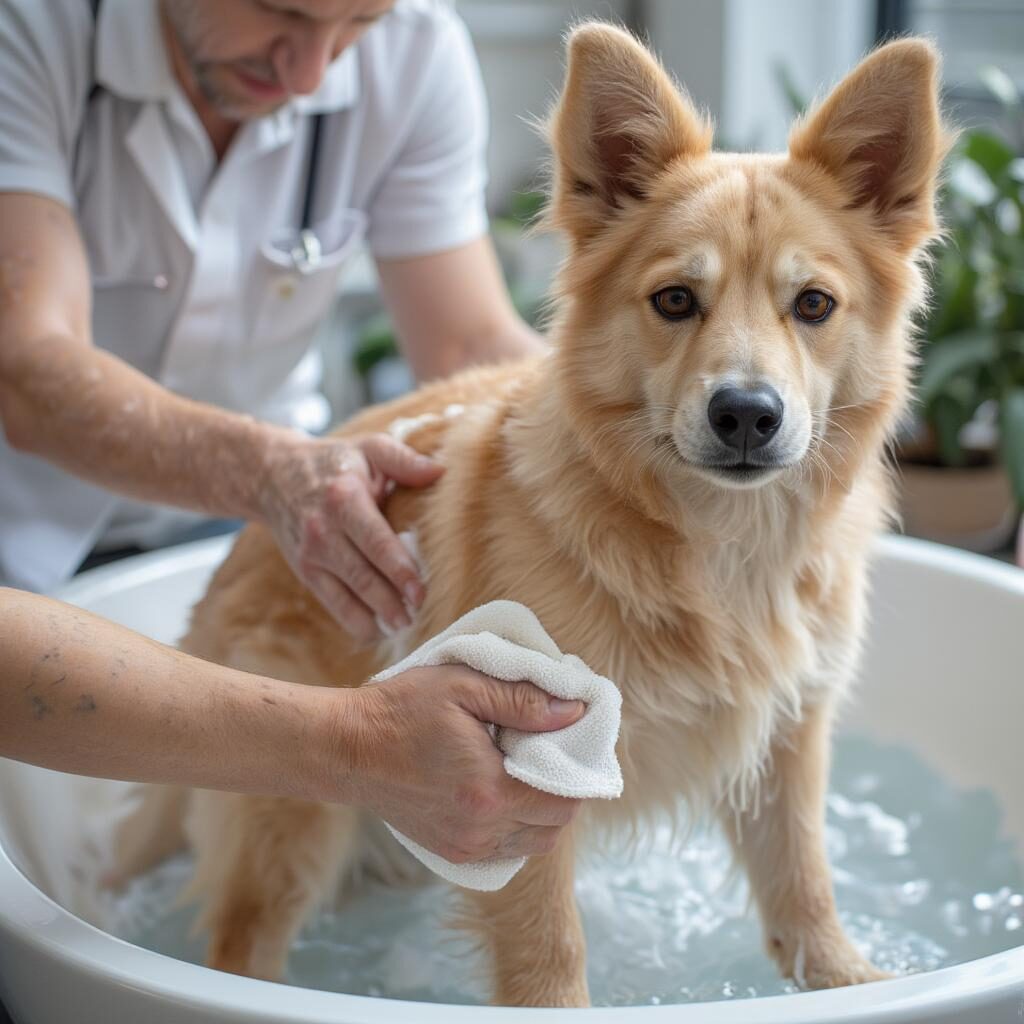 Cách chăm sóc chó bị viêm da. Hình ảnh minh họa cách lau khô và chăm sóc cho chó sau khi tắm.