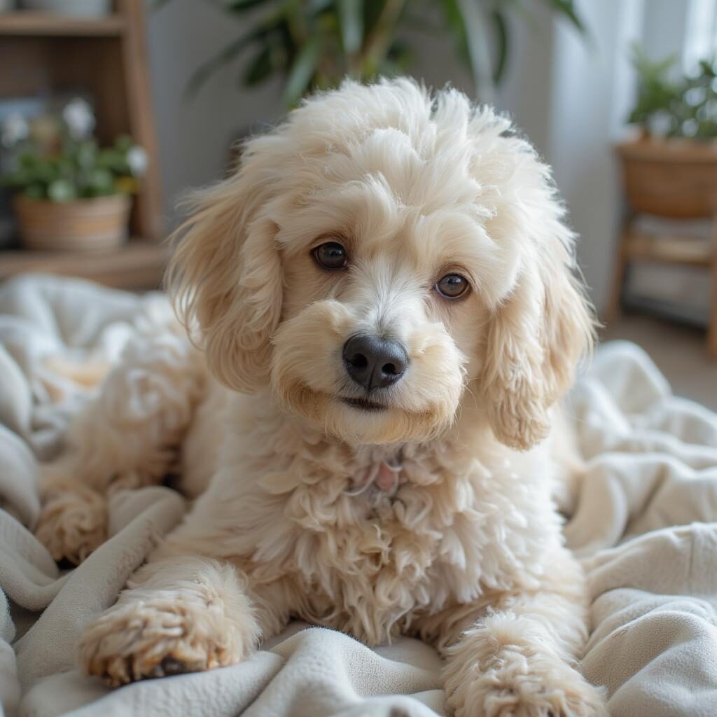 Chăm sóc chó Poodle bị ghẻ: Hình ảnh minh họa việc chăm sóc chó Poodle bị ghẻ tại nhà, ví dụ như vệ sinh chỗ nằm, cho chó ăn uống đầy đủ dinh dưỡng.