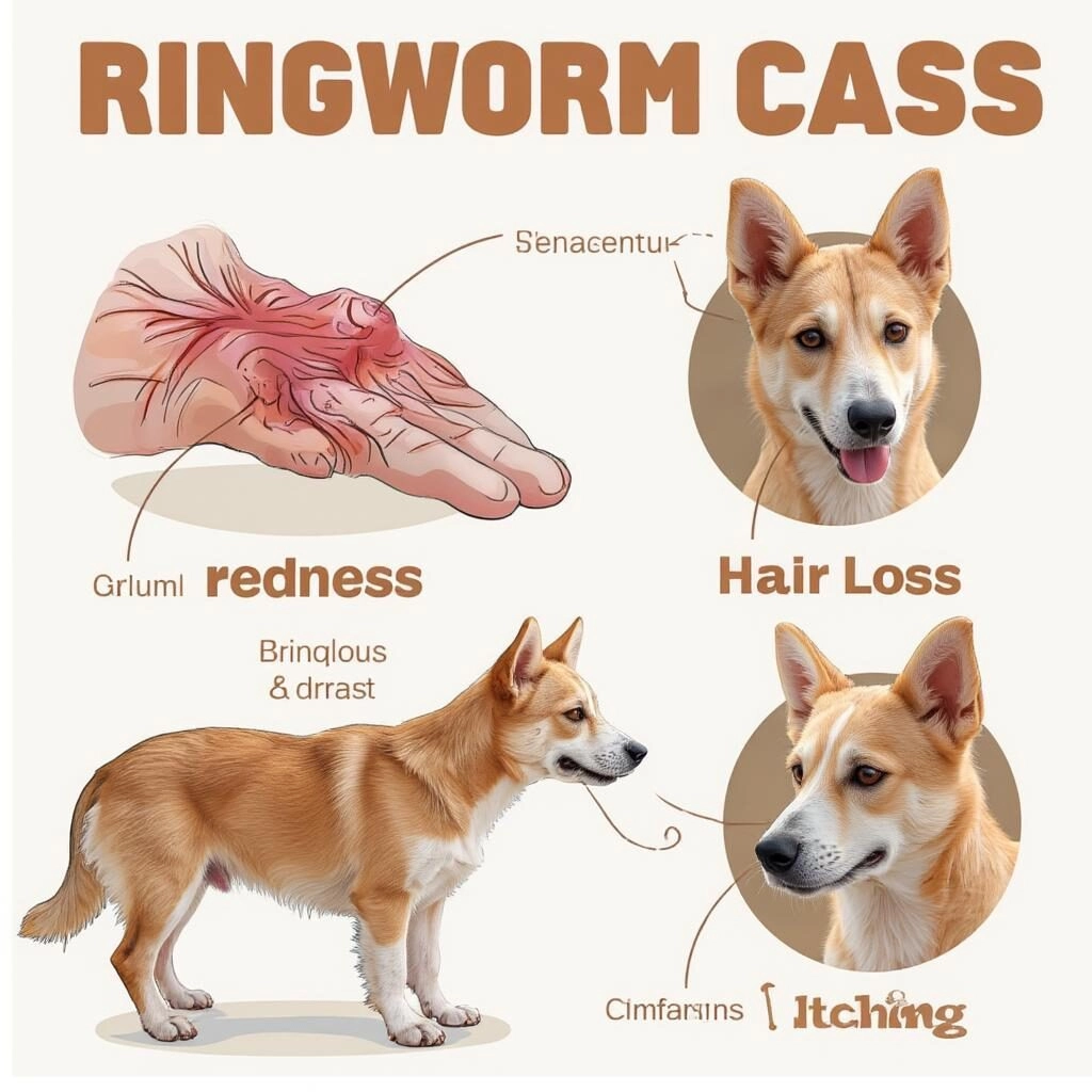 Chó bị nhiễm nấm da: Hình ảnh minh họa về các triệu chứng thường gặp trên da của chó bị nhiễm nấm, bao gồm đỏ da, rụng lông, ngứa ngáy.
