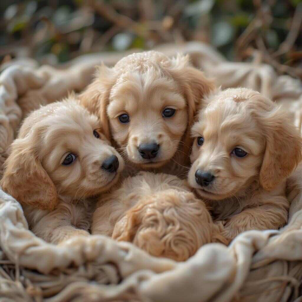 Chó Poodle con mới đẻ: Đàn chó con mới đẻ nằm cuộn tròn bên nhau trong ổ nệm ấm áp.