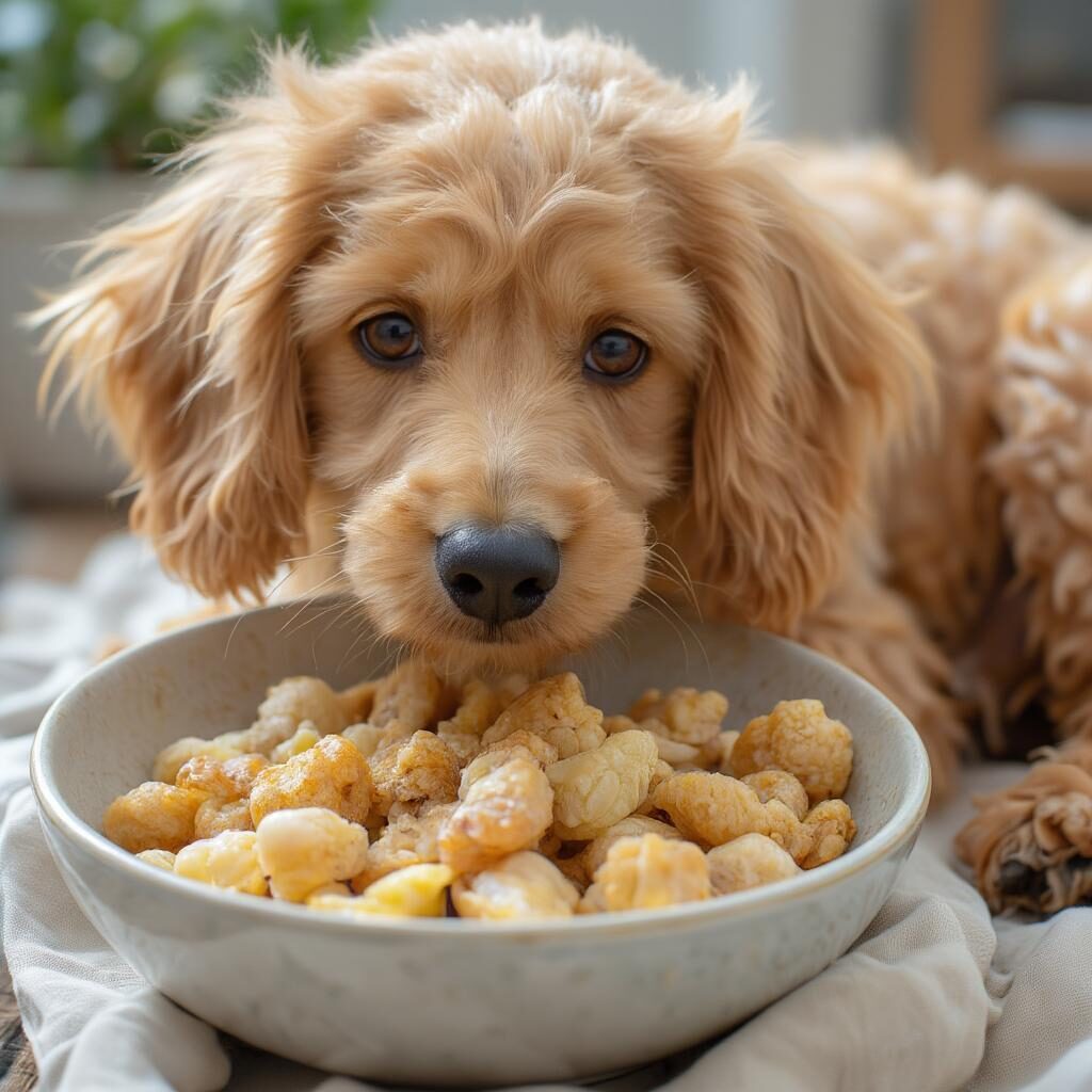 Chó Poodle mẹ ăn sau sinh: Chó Poodle mẹ đang ăn thức ăn giàu dinh dưỡng, cần thiết cho quá trình hồi phục và sản xuất sữa.