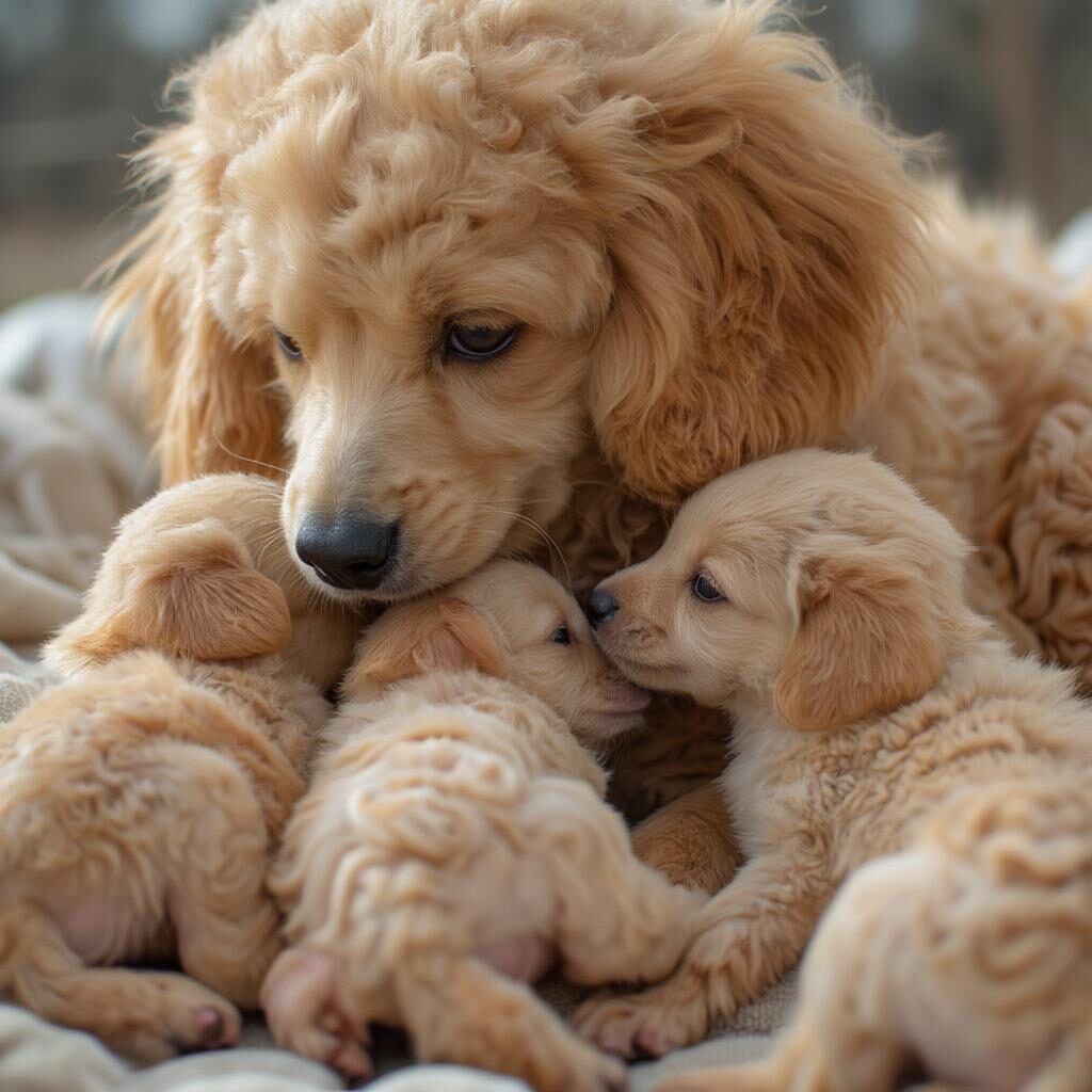 Chó Poodle mẹ và đàn con mới đẻ: Hình ảnh chó Poodle mẹ đang cho con bú, thể hiện tình mẫu tử và sự cần thiết của việc chăm sóc đặc biệt.