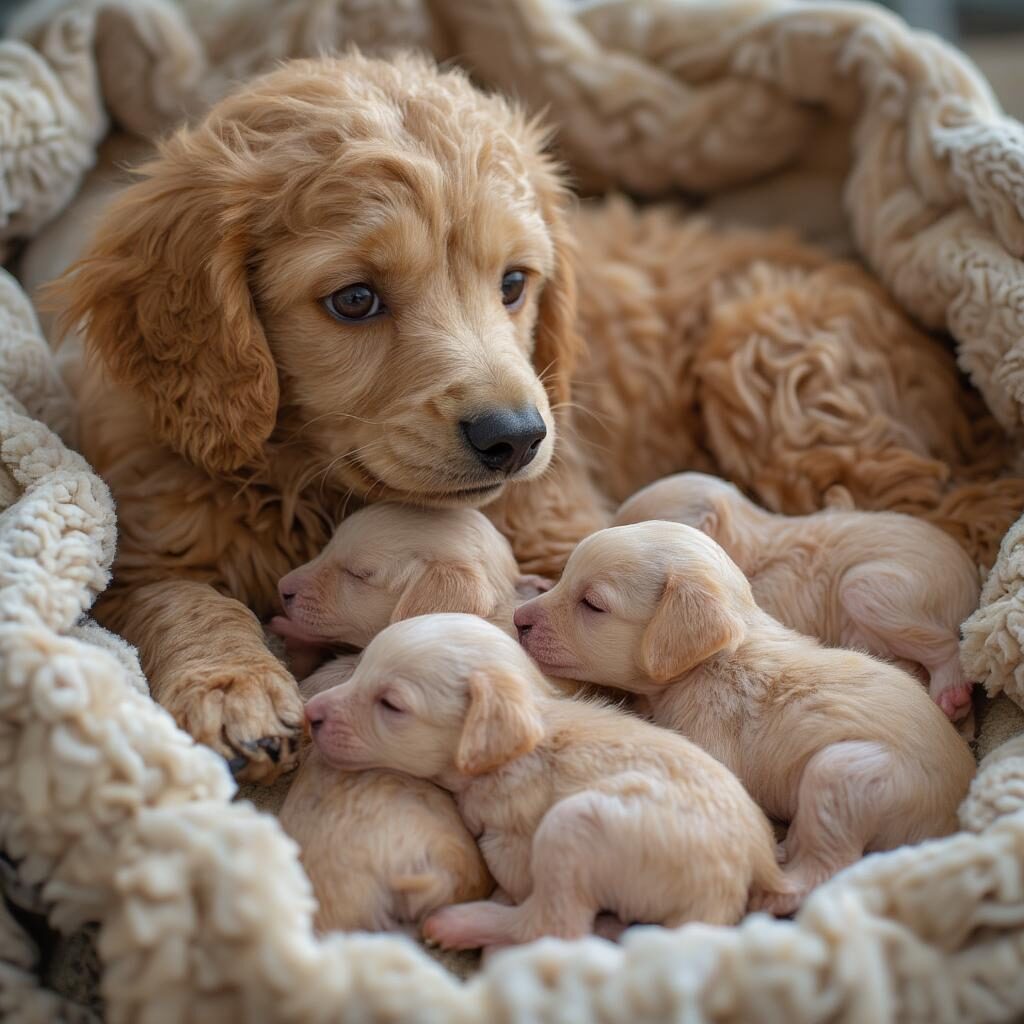 Chó Poodle Và Đàn Con Mới Sinh Trong Ổ Đẻ Ấm Áp