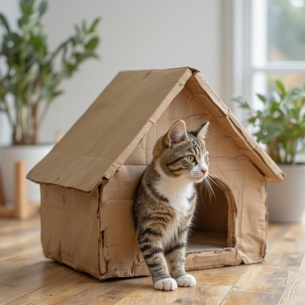 Chuồng mèo làm từ bìa carton, hình dáng ngôi nhà nhỏ xinh xắn, tiết kiệm chi phí.