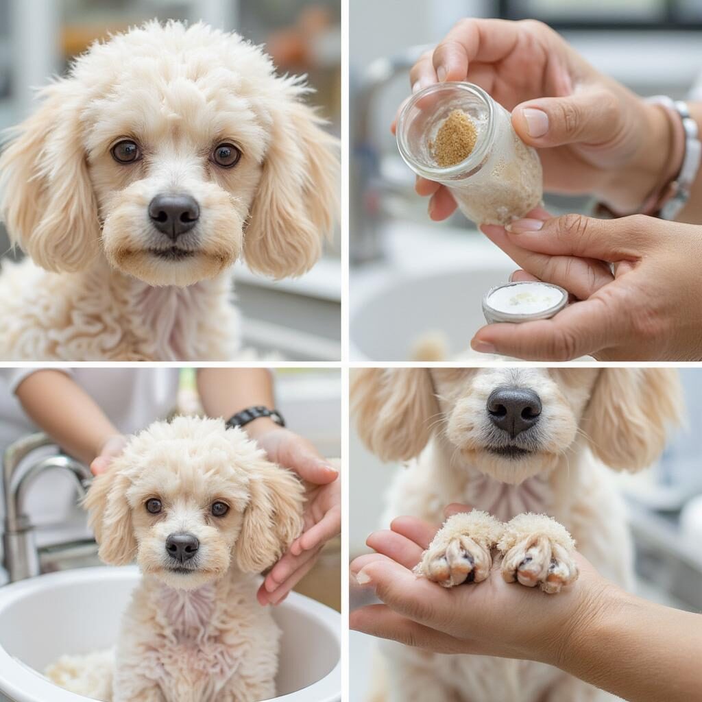Điều trị ghẻ cho chó Poodle: Hình ảnh minh họa việc sử dụng thuốc hoặc phương pháp điều trị ghẻ cho chó Poodle, ví dụ như bôi thuốc ngoài da hoặc tắm thuốc.