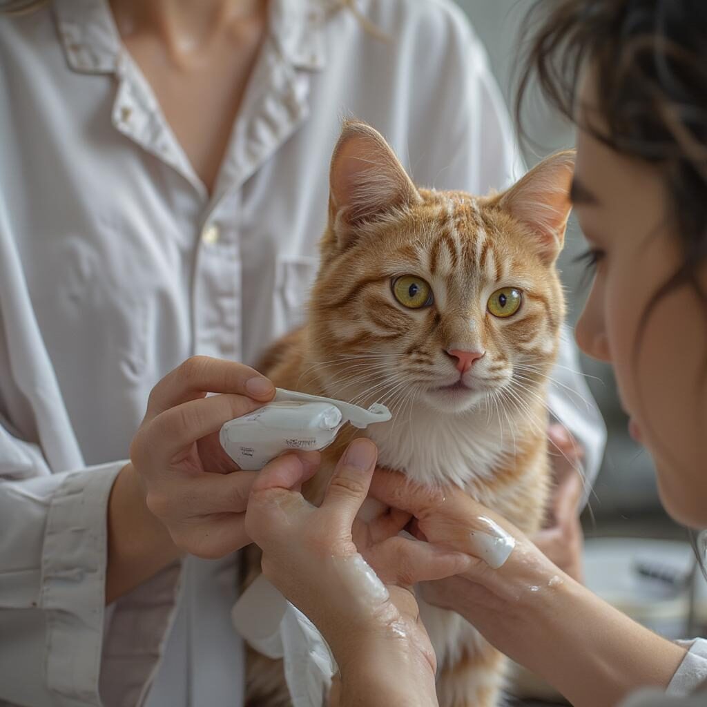 Mèo đang được điều trị nấm bằng thuốc bôi