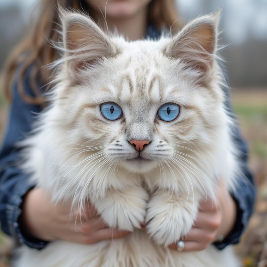 Mèo Ragdoll với bộ lông trắng muốt và đôi mắt xanh biếc