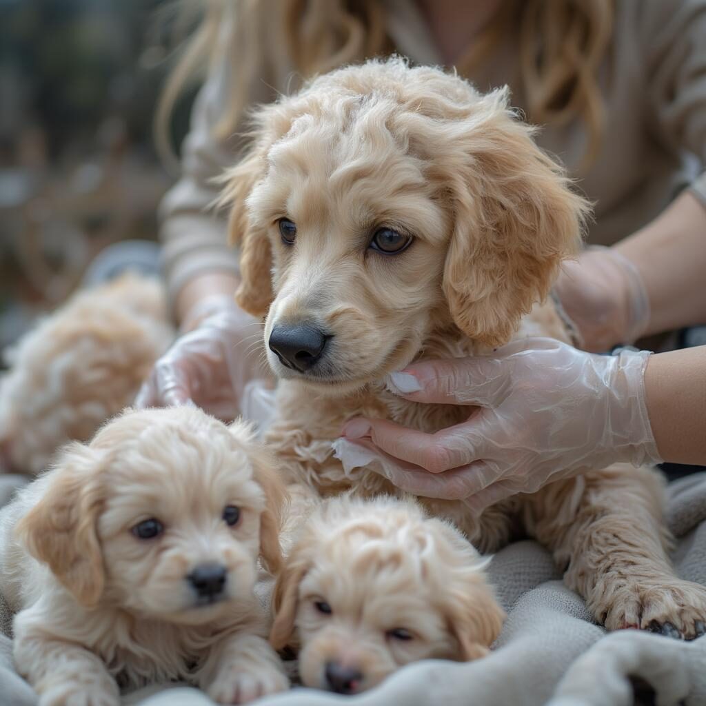 Vệ sinh cho Poodle mẹ và con: Hình ảnh minh họa việc vệ sinh nhẹ nhàng cho chó Poodle mẹ và con, đảm bảo môi trường sạch sẽ và an toàn.