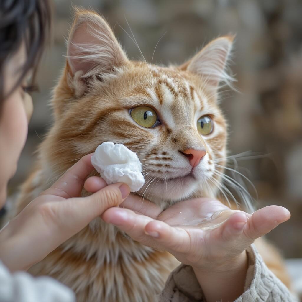 Vệ sinh da mèo bị nấm bằng nước muối: chủ đang lau vùng da bị nấm cho mèo